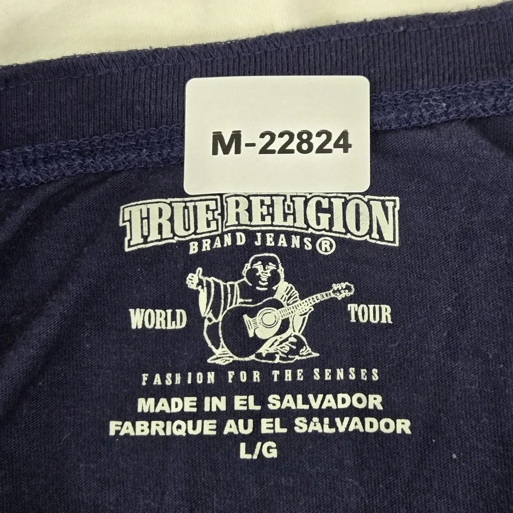 True Religion Men Shirt L/G White Colorblock Henley Logo‎ Long Sleeve